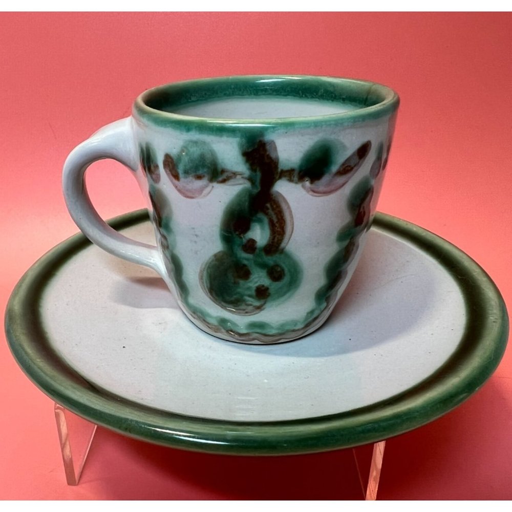 M.A. Hadley Demi Coffee Cup Saucer Signed Pottery Green Vintage Discontinued